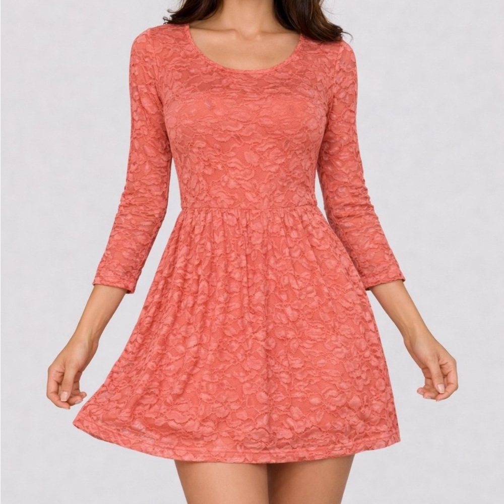 Charlotte Russe Coral Pink Long Sleeve Floral Lace Sweetheart Neckline Dress